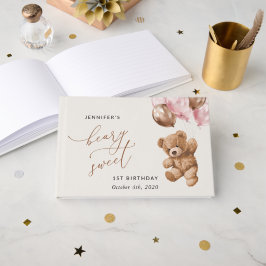 Livro De Visitas Urso de Teddy, Balões Rosa, Primeiro Aniversário