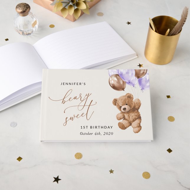 Livro De Visitas Urso de Teddy, Balões Roxos, Primeiro Aniversário (Frente aberta)