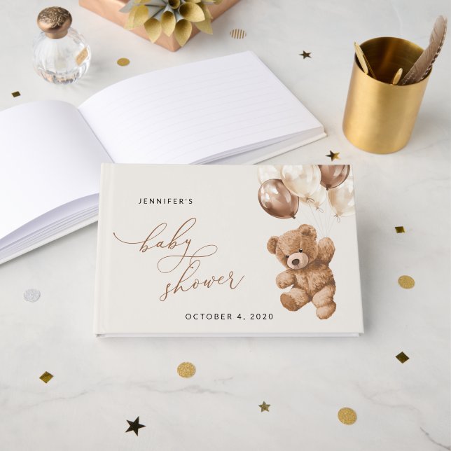 Livro De Visitas Urso De Teddy, Urso De Bebê, Balões Marrons, Chá d (Frente aberta)