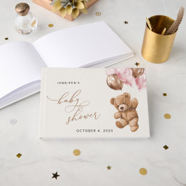 Livro De Visitas Urso De Teddy, Urso De Bebê, Balões Rosa, Chá de f