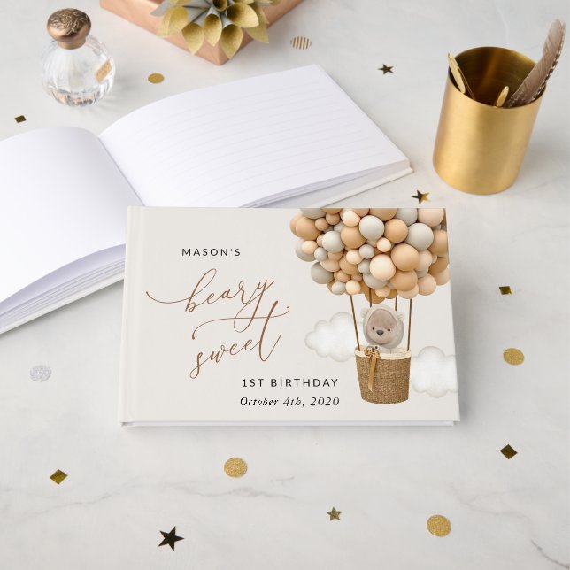 Livro De Visitas Urso Gelado, Balões de Beige, Primeiro Aniversário (Frente aberta)