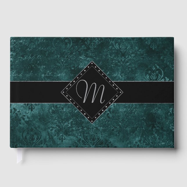 Livro De Visitas Velvety Teal Damask | Grunge Verde Escuro Personal (Frente)