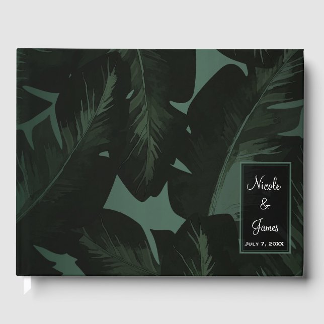 Livro De Visitas Verde e Preto Chic Folhas Tropicais Casamento (Frente)