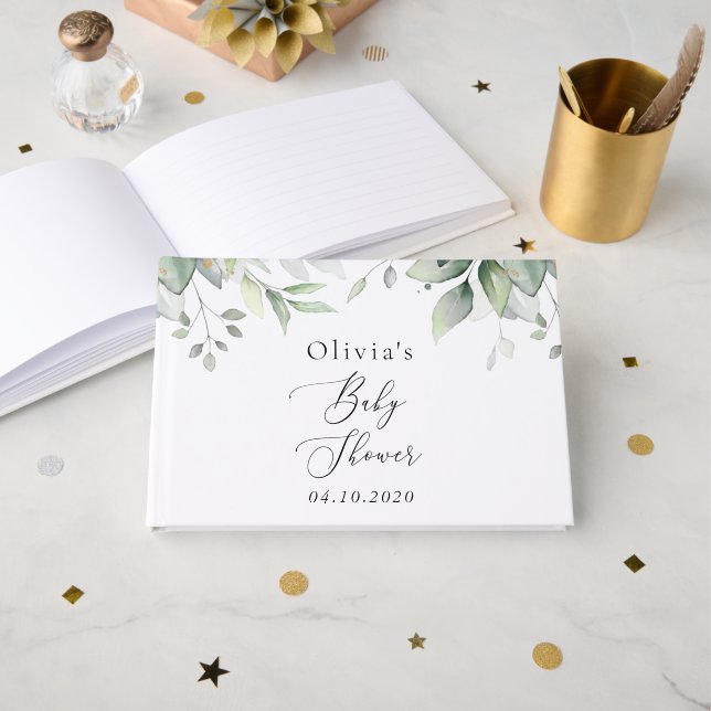 Livro De Visitas Verde, Eucalipto Folhas, Boho, Chá de fraldas (Frente aberta)