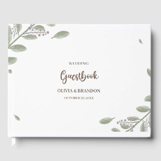 Livro De Visitas Verde Minimalista com Casamento Floral de Watercol
