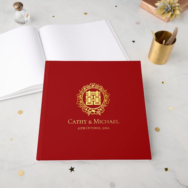 Livro De Visitas Vermelhidão Flórida Chinesa, dupla felicidade (Frente aberta)