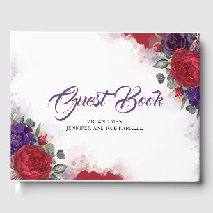 Livro De Visitas Vermelho de Borgonha e casamento floral roxo da