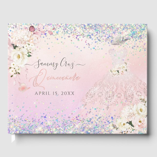 Livro De Visitas Vestido de Quinze Anos Princesa Rosa Brilho Confet (Frente)