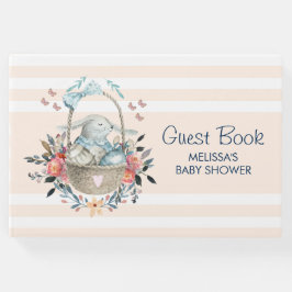 Livro De Visitas Vintage Bunny numa cesta com Flores Bonito