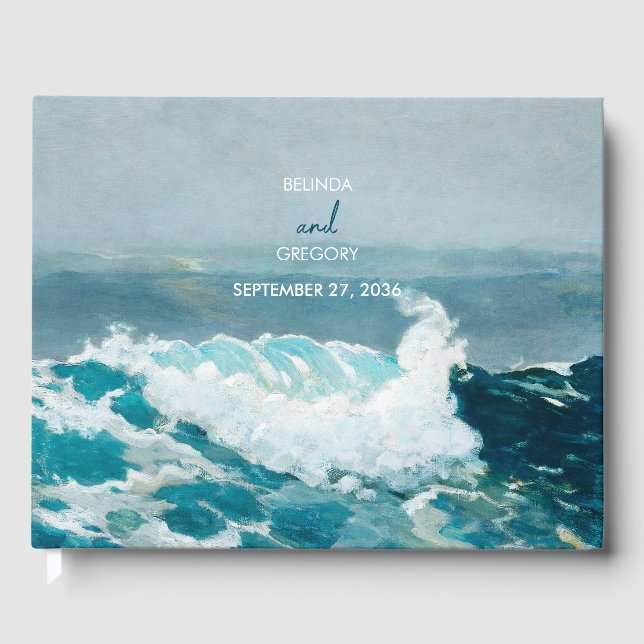 Livro De Visitas Watercolor Beach Ocean Ong Casamento Monograma (Frente)