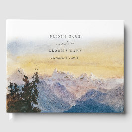 Livro De Visitas Watercolor Blue Mounains Pine Weding
