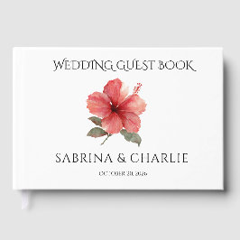 Livro De Visitas Watercolor Coral Red Hibiscus Tropical Wedding