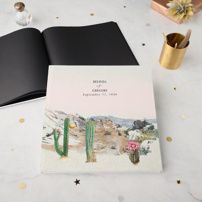 Livro De Visitas Watercolor Desert Cactus Boho Wedding (Frente aberta)