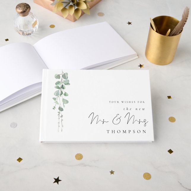 Livro De Visitas Watercolor Eucalyptus New Mrs Name Wedding (Frente aberta)