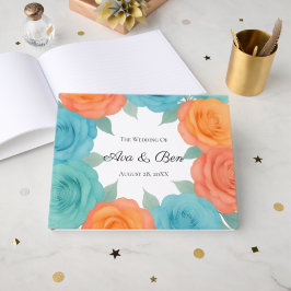 Livro De Visitas Watercolor Orange and Teal Roses Wedding