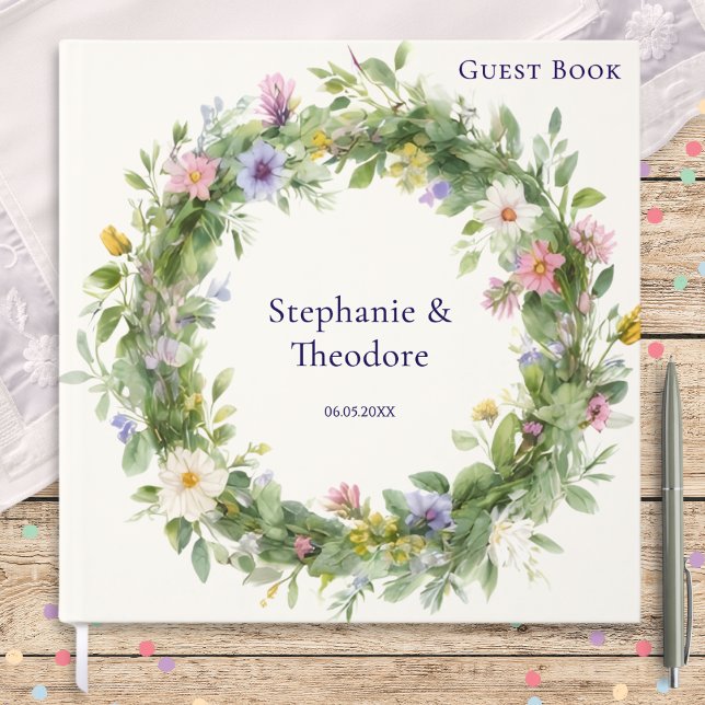 Livro De Visitas Watercolor Wildflower Wreath Personalized Wedding (A personalized wedding guest book with a wildflower wreath design in a watercolor style)