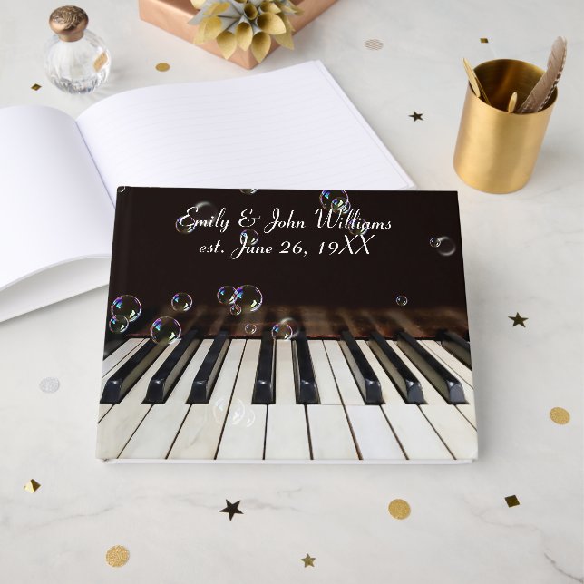 Livro De Visitas Wedding Anniversary Bubbles on Piano Keys (Frente aberta)