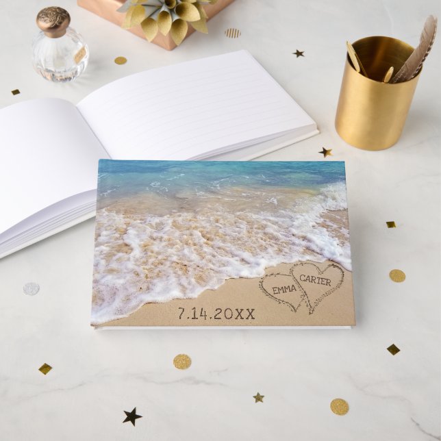 Livro De Visitas Wedding Beach Hearts With Names (Frente aberta)