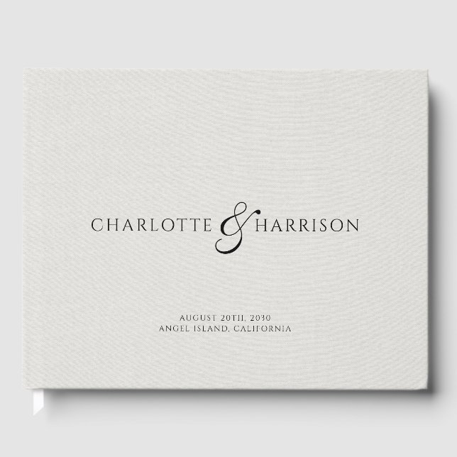 Livro De Visitas Wedding Monogram White Faux Linen  (Frente)