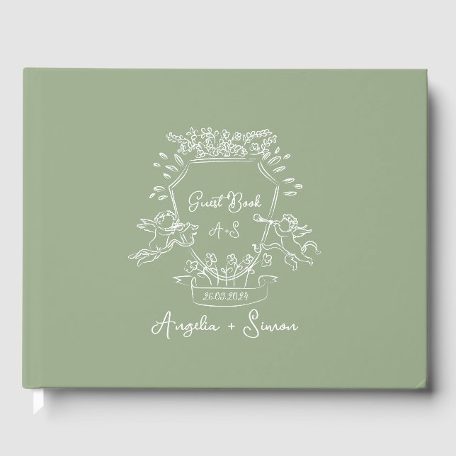 Livro De Visitas Whimsical Hand desenhou Casamento Verde Crest Sage (Frente)