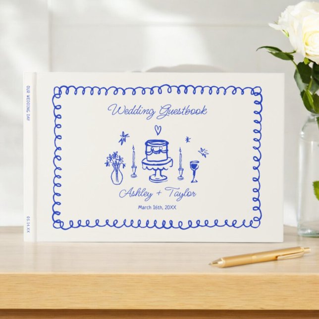 Livro De Visitas Whimsical Hand Drawn Quirky Blue Wedky (Criador carregado)