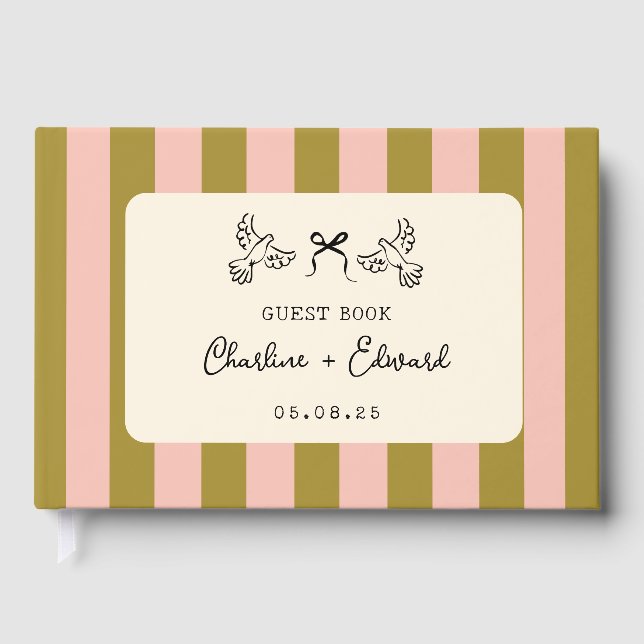 Livro De Visitas Whimsical Pink Green Striped Scribble Wedding (Frente)