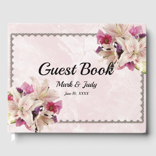 Livro De Visitas White Lily Floral Pink Marble Guestbook (Frente)