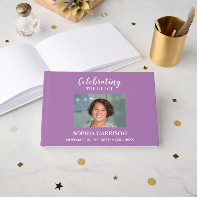Livro De Visitas White on Lavanda Celebration of Life With Photo (Frente aberta)