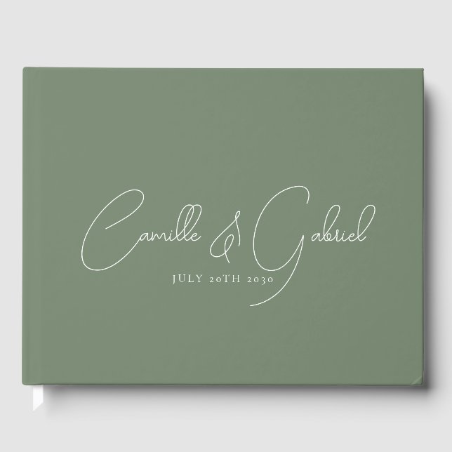 Livro De Visitas White Script Names Wedding Sage Green Guest Book (Frente)