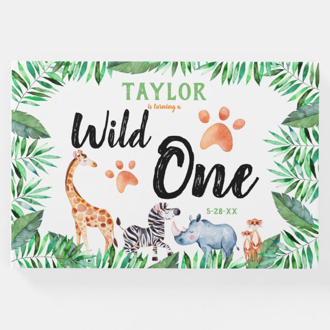 Livro De Visitas Wild One Safari Animal primeiro aniversario Party (Frente)