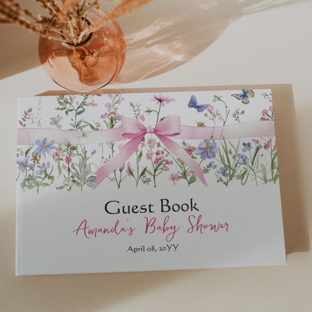 Livro De Visitas Wildflower Floral Girl Pink Bow Baby Shower (Criador carregado)