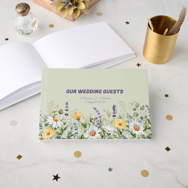 Livro De Visitas Wildflowers Border Yellow White Purple Wedding (Frente aberta)