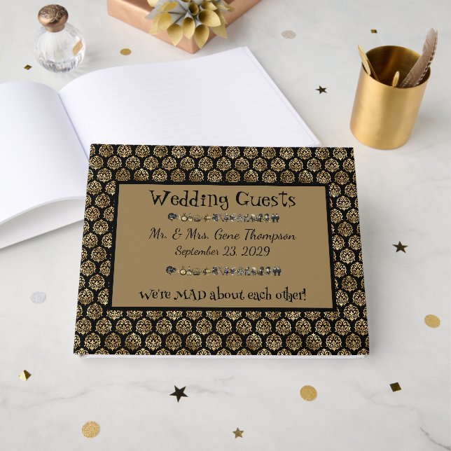 Livro De Visitas Wonderland Whimsy Black, Dourado casamento Guestbo (Frente aberta)