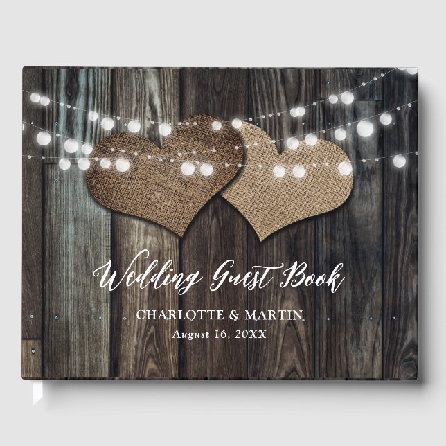 Livro De Visitas Wood Burlap Hearts String Lights Country Weding (Frente)