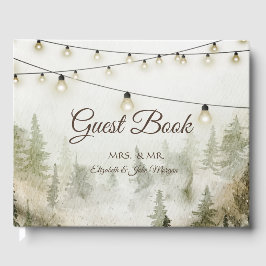 Livro De Visitas Woodland,Forest,Pine Trees,String Lights Weding