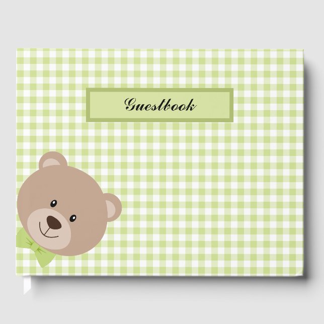 Livro De Visitas Xadrez VERDE E BRANCA DE GINGHAM COM URSO (Frente)
