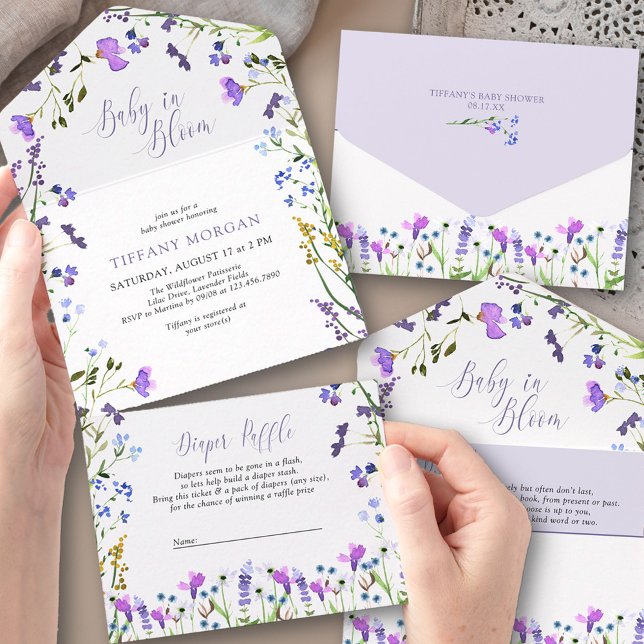 Livro e Fraldas de Chá de fraldas de flor selvagem (Trifold Baby Shower Invitation. All-in-One design with book request + tear-off Diaper Raffle Ticket)