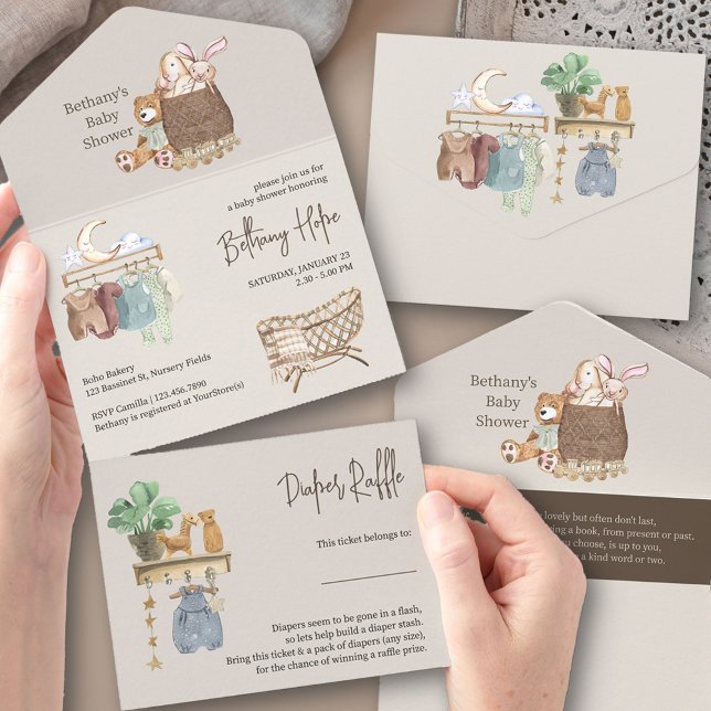 Livro e Fraldas para Chá de Bebê Boho (Trifold Baby Shower Invitation. All-in-One design with book request + tear-off Diaper Raffle Ticket)