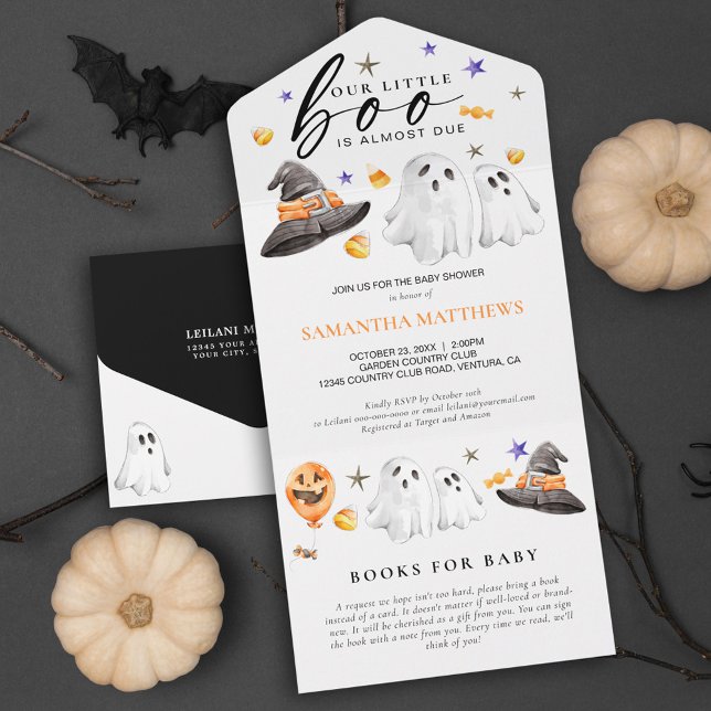 Livros de Halloween para Bebê (Little boo is almost due books for baby all in one Halloween invitation featuring watercolor ghosts.)