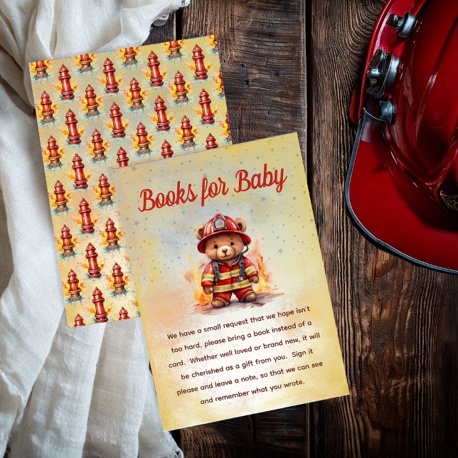Livros do Chá de Bebê do Ursinho Bombeiro para Beb (Little Firefighter Teddy Bear Books for Baby Insert Card)