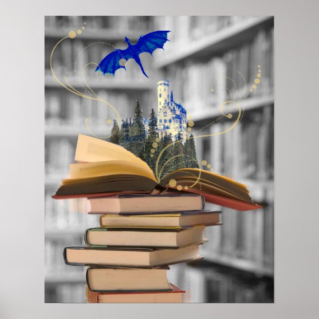 Livros mágicos com dragão e poster do castelo (Frente)