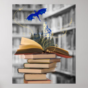 Livros mágicos com o poster do dragão e do caste