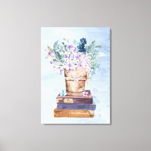 Livros Roxos Azuis e Flores Canvas Wall Art