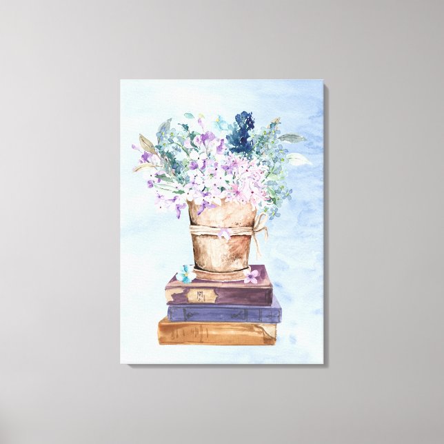 Livros Roxos Azuis e Flores Canvas Wall Art (Frente)