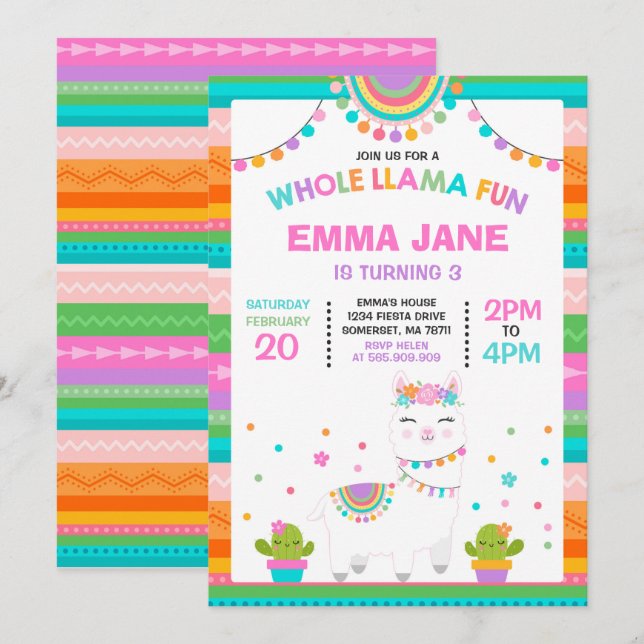 Llama Birthday Convite à Festa Inteira de Diversão (Frente/Verso)