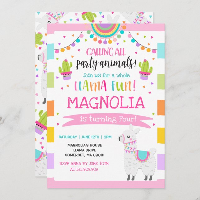 Llama Birthday Convite à Festa Inteira de Diversão (Frente/Verso)