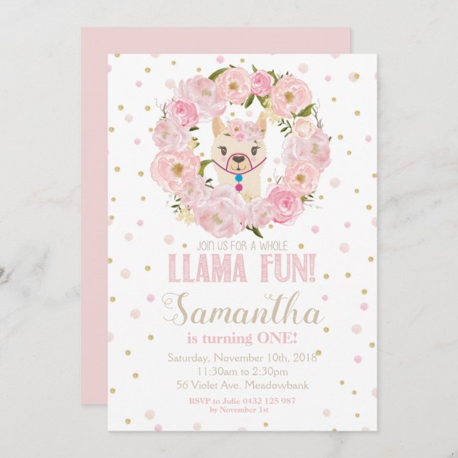 Llama Birthday Convite Blush Floral Girl (Frente/Verso)