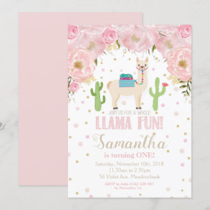 Llama Birthday Convite Blush Floral Girl