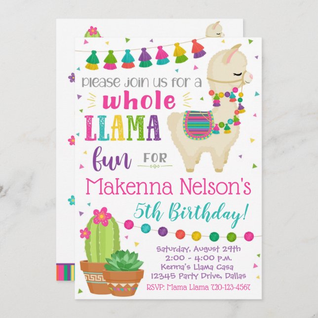 Llama Birthday - Convite para o Festa Llama (Frente/Verso)