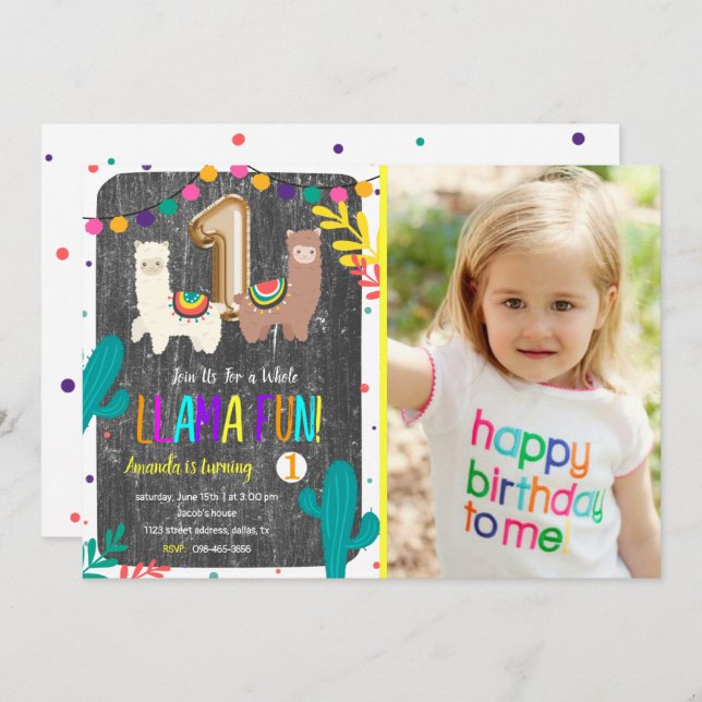 Llama Cactus - Convite para primeiro aniversario I (Frente/Verso)